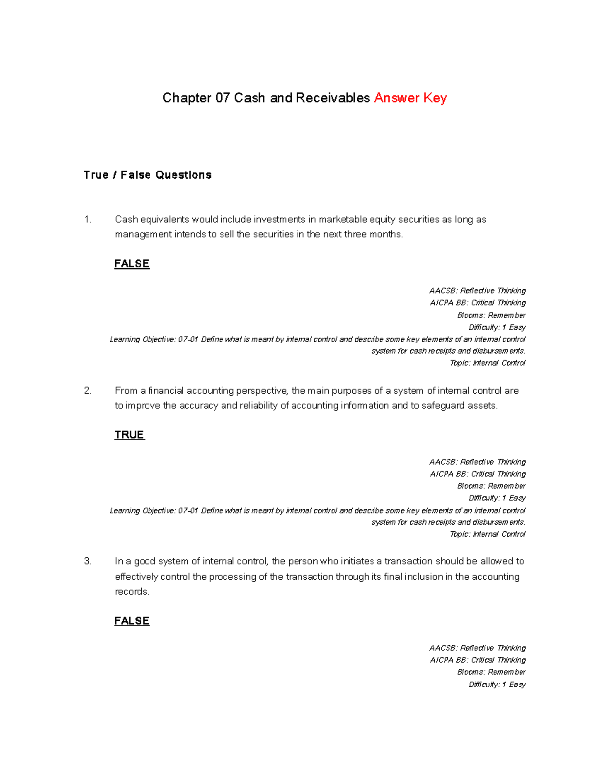 Chapter 7 Test Bank - Managerial Accounting - Chapter 07 Cash And ...