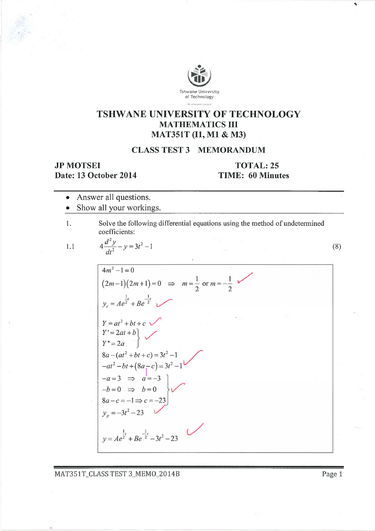 MAT351T CT3 Memo 2014 B - Class Test With Questions And The Memo - \‘l ...