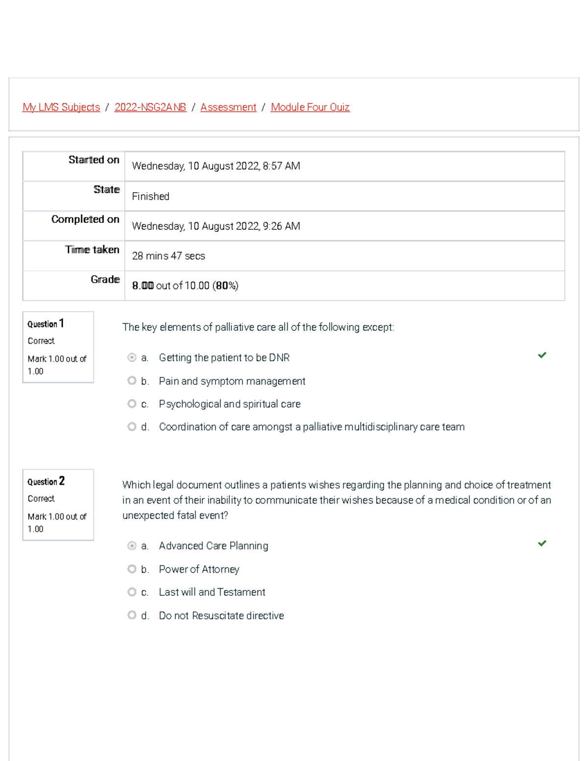 Module Four Quiz Attempt review - My LMS Subjects / 2022-NSG2ANB ...