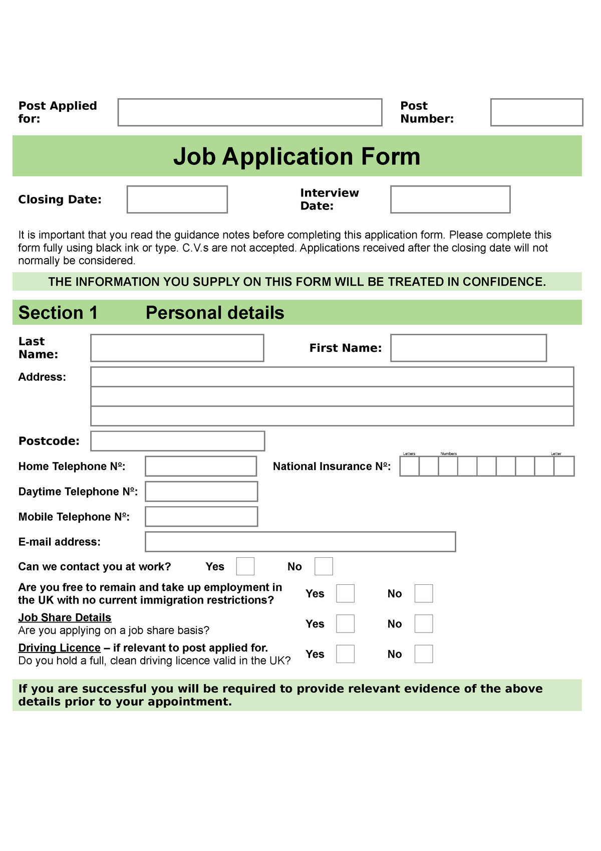 Job Application Form Template Word Post Applied For Post Number Job 