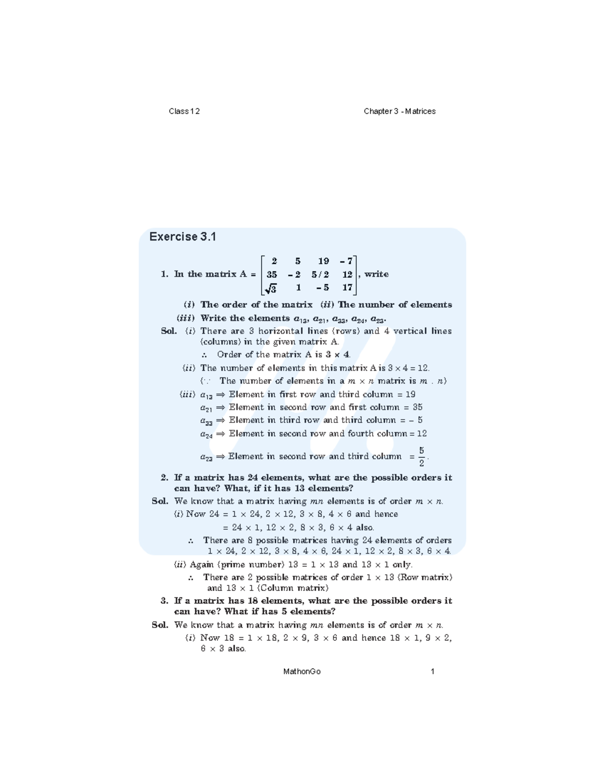 Mathongo maths solution - Exercise 3. 1. In the matrix A = 2519– 35 – 2 ...
