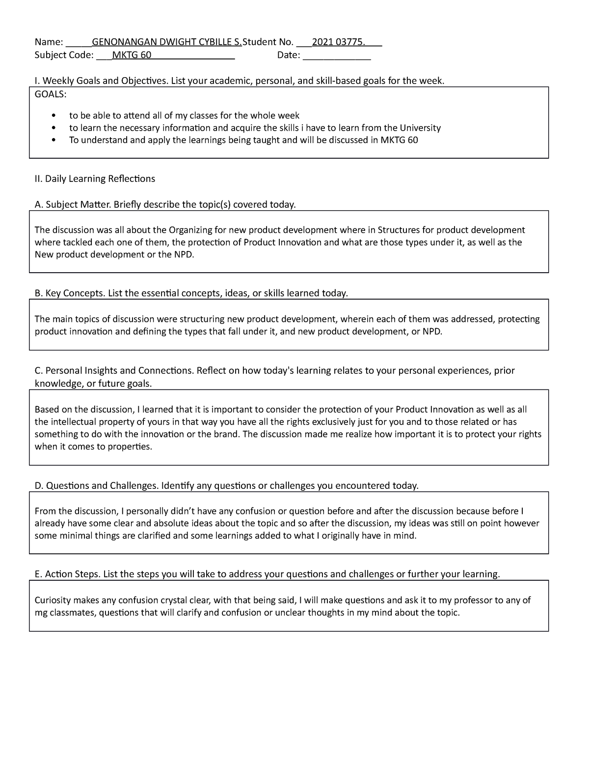 Journal-MKTG60- Dwight - Name: _____GENONANGAN DWIGHT CYBILLE S No ...