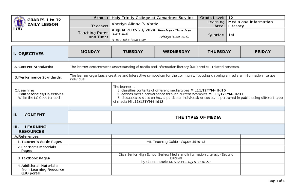 Media and Information Literacy 12 - DLL 3 - GRADES 1 to 12 DAILY LESSON ...