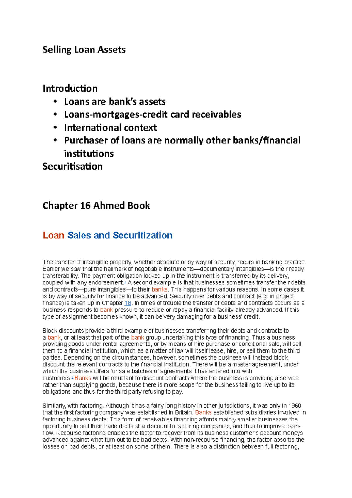 Selling Loan Assets notes Selling Loan Assets Introduction Loans