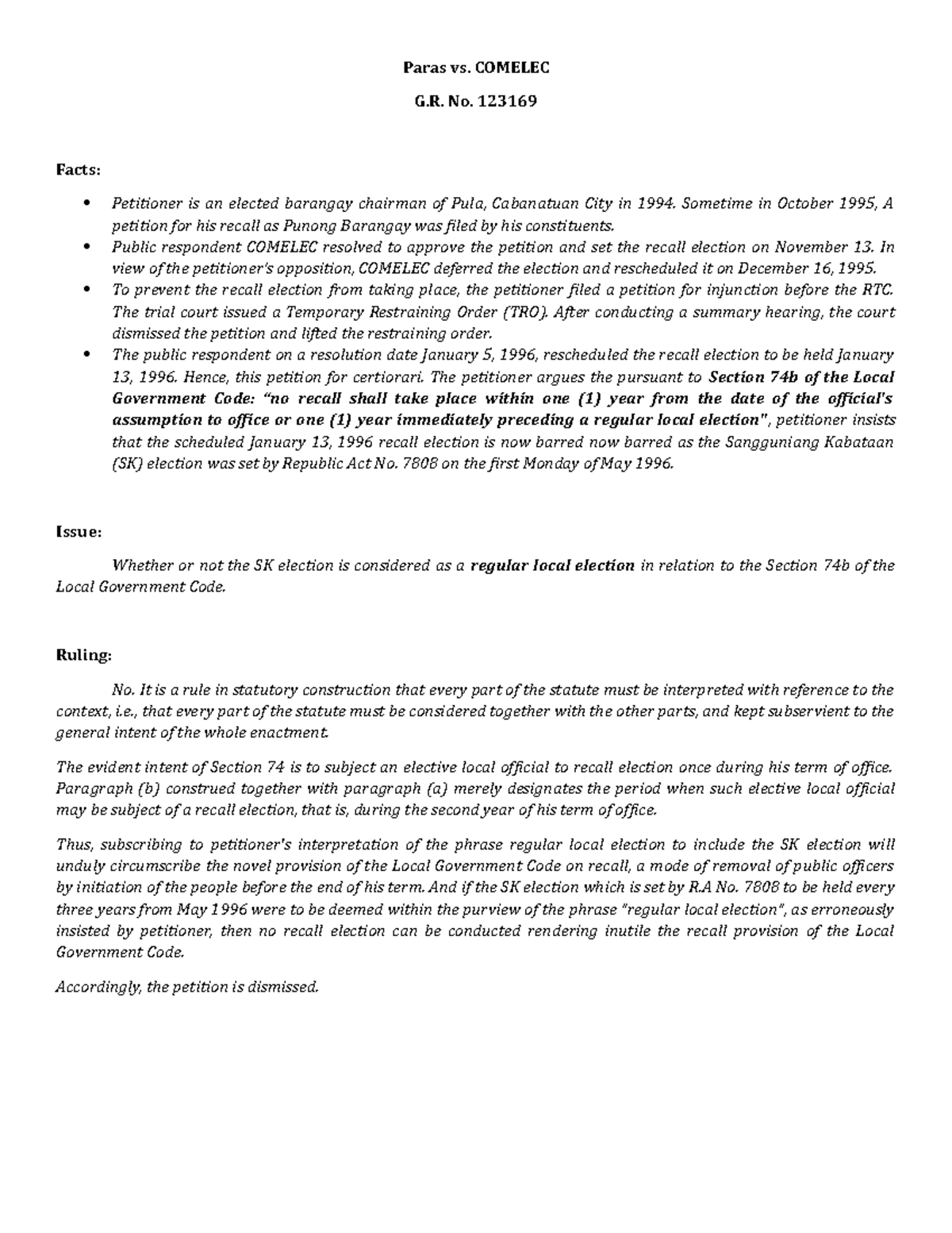 Paras Vs Comelec - Case Digest - Paras Vs. COMELEC G. No. 123169 Facts ...