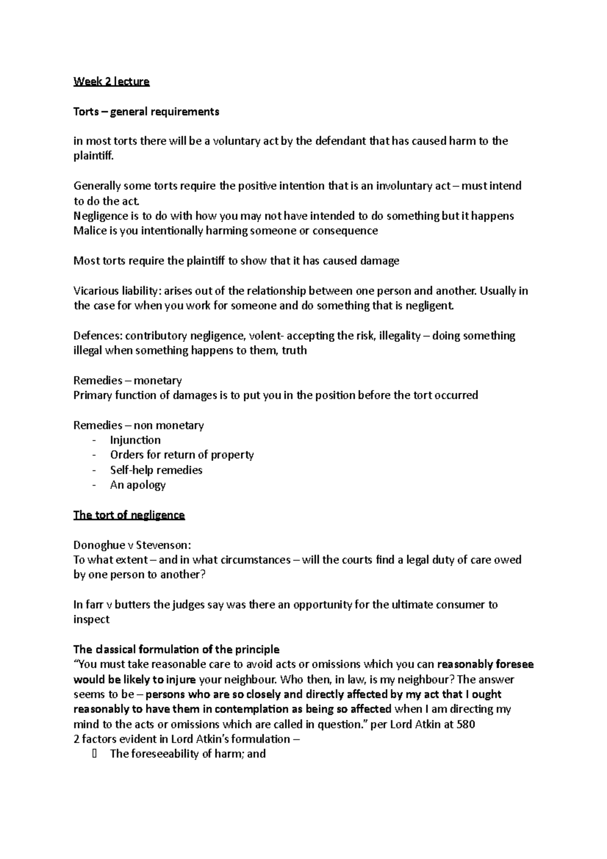 Week 2 lecture - Week 2 lecture Torts – general requirements in most ...