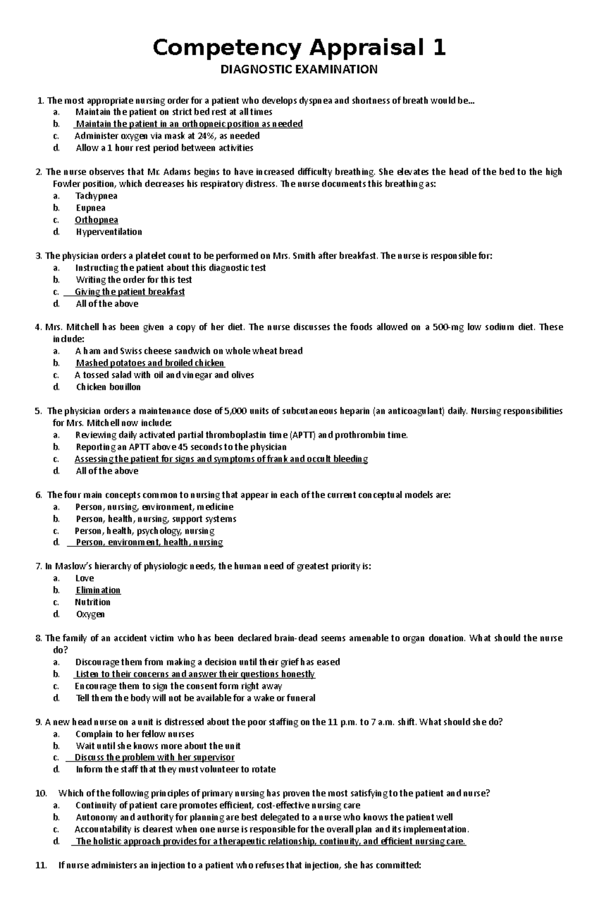 The Competency Reviewer - DIAGNOSTIC EXAMINATION The most appropriate ...