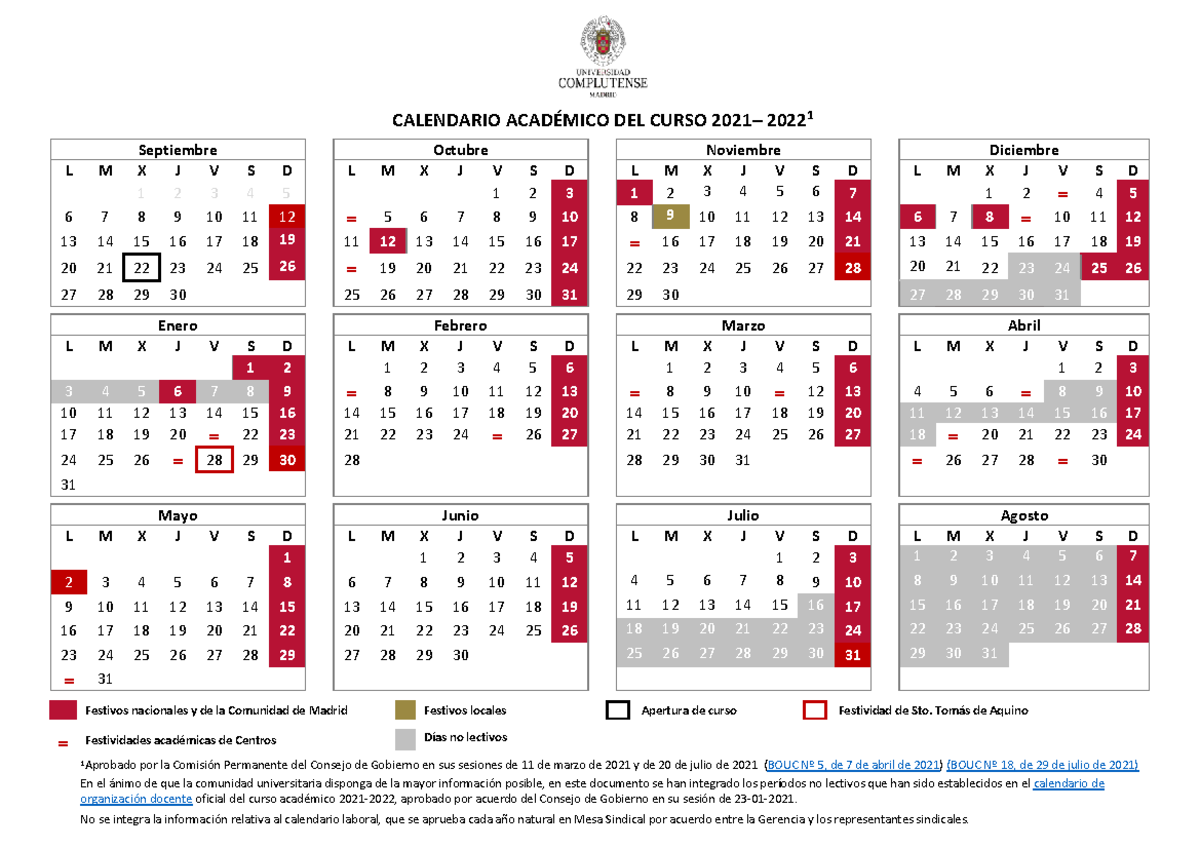 Calendario ucm eee CALENDARIO ACADÉMICO DEL CURSO 2021 2022 1