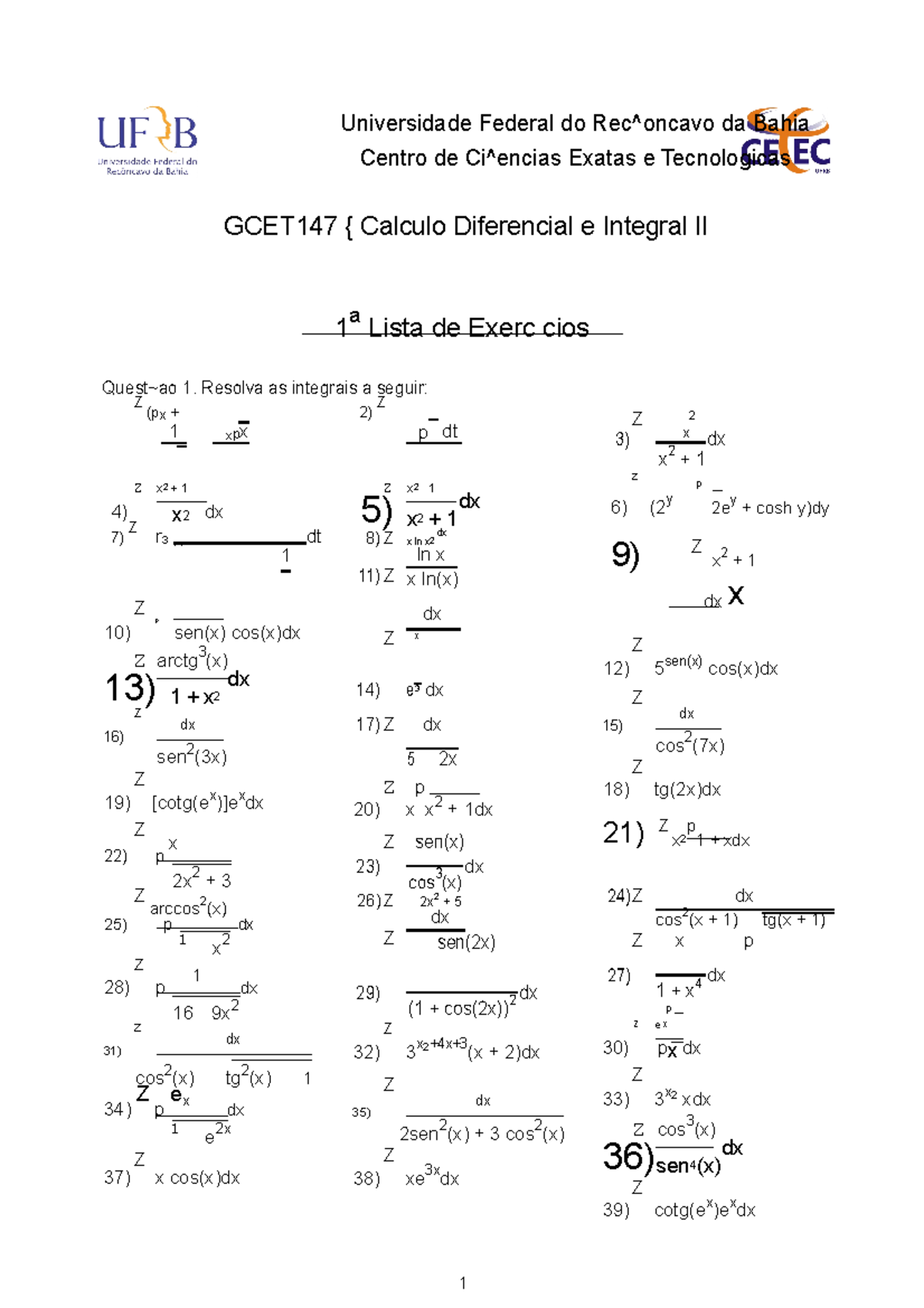 Cálculo Diferencial E Integral II- Exercícios- Métodos De Integração ...