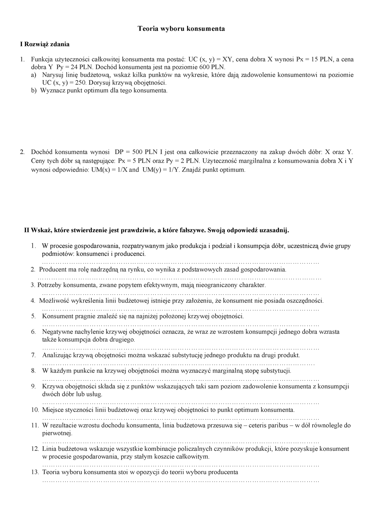 Teoria Wyboru Konsumenta - Zadania + Test - Teoria Wyboru Konsumenta I ...