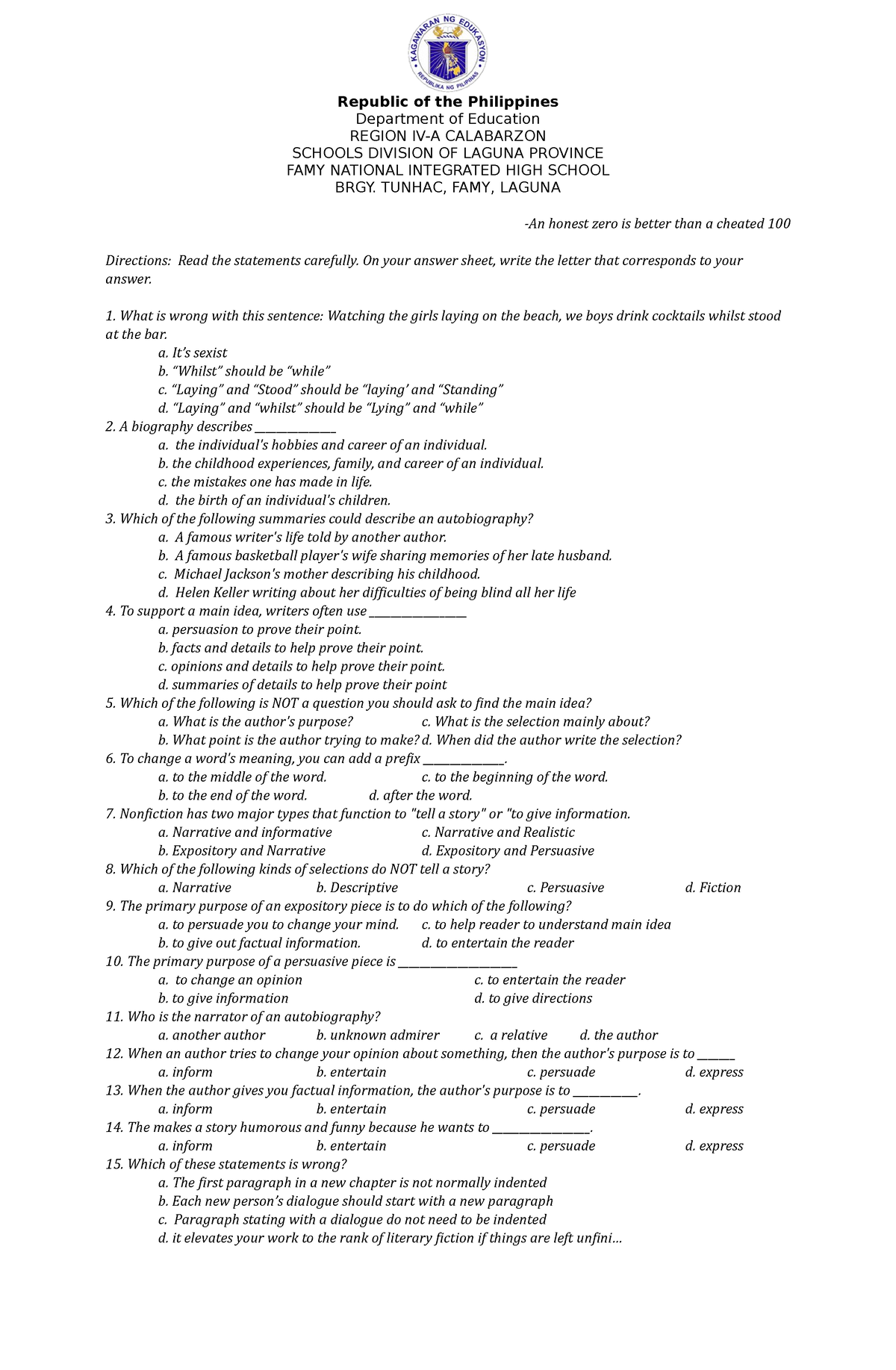 diagnostic test in creative writing grade 11