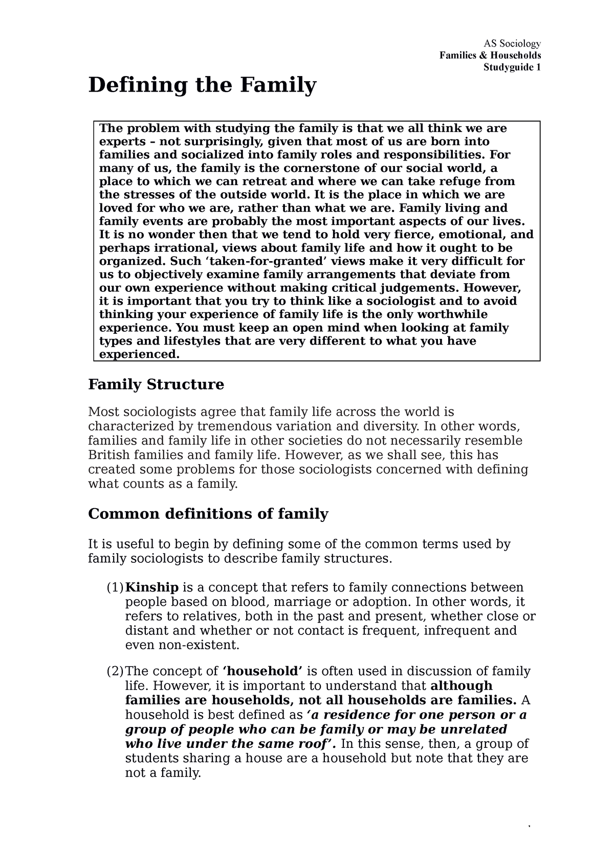 STUDY OF FAMILY - Families & Households Studyguide 1 Defining the ...