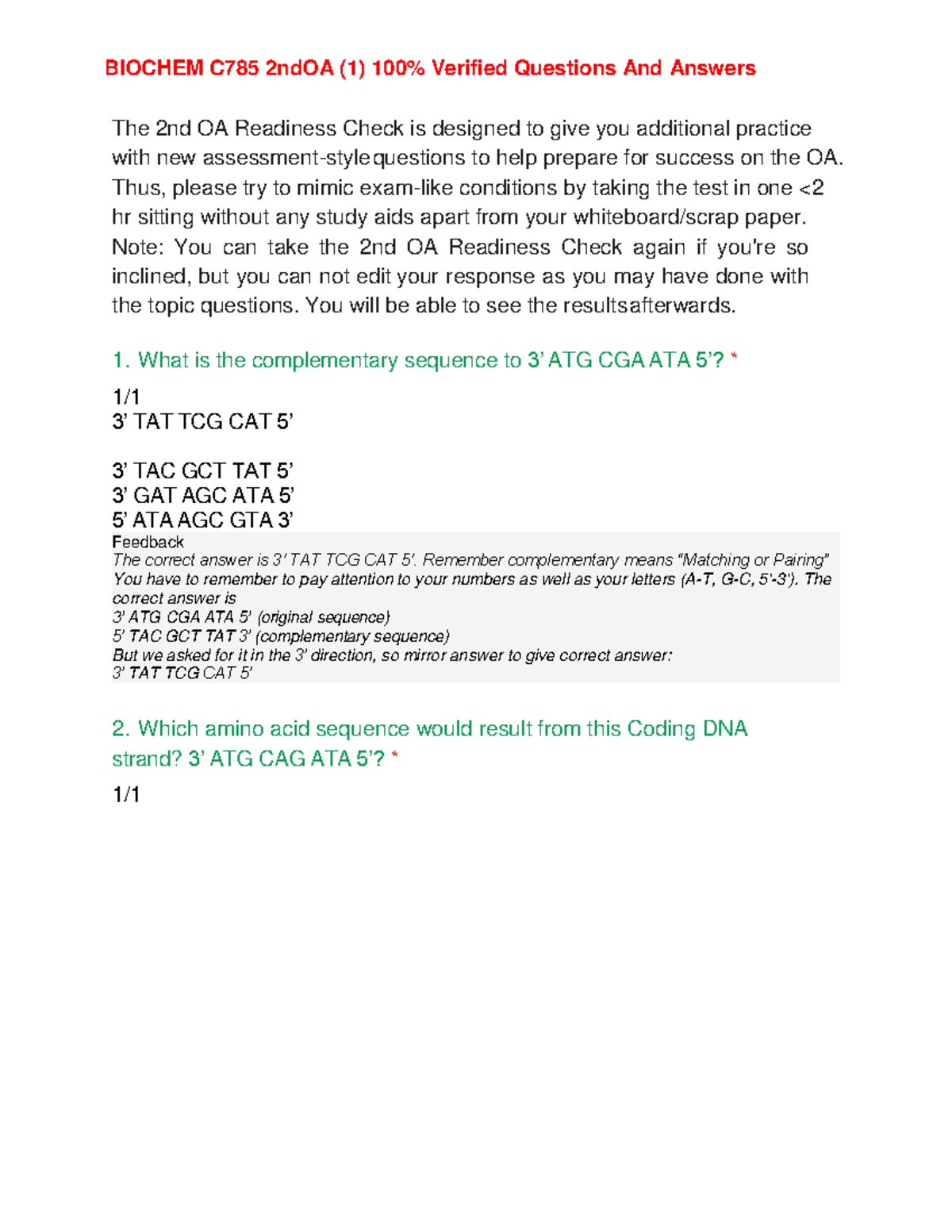 Biochem c785 2ndoa 1 - The 2nd OA Readiness Check is designed to give ...