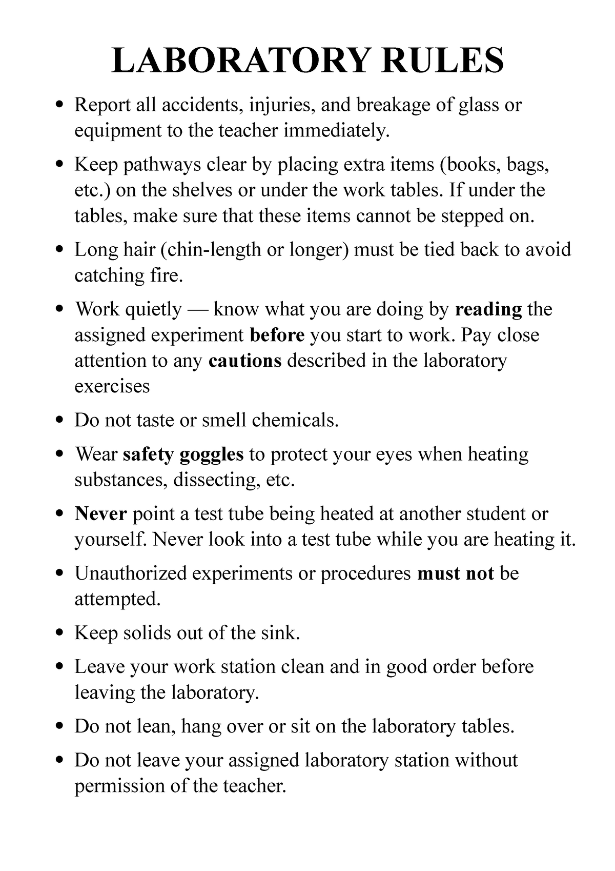 Laboratory Rules notes LABORATORY RULES Report all accidents