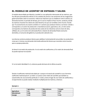 EL Modelo DE Leontief DE Entrada Y Salida - EL MODELO DE LEONTIEF DE  ENTRADA Y SALIDA El modelo - Studocu