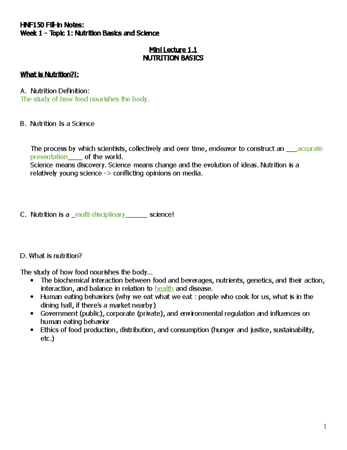 Week 1 Topic 1 Notes - Week 1 - Topic 1 : Nutrition Basics and Science ...