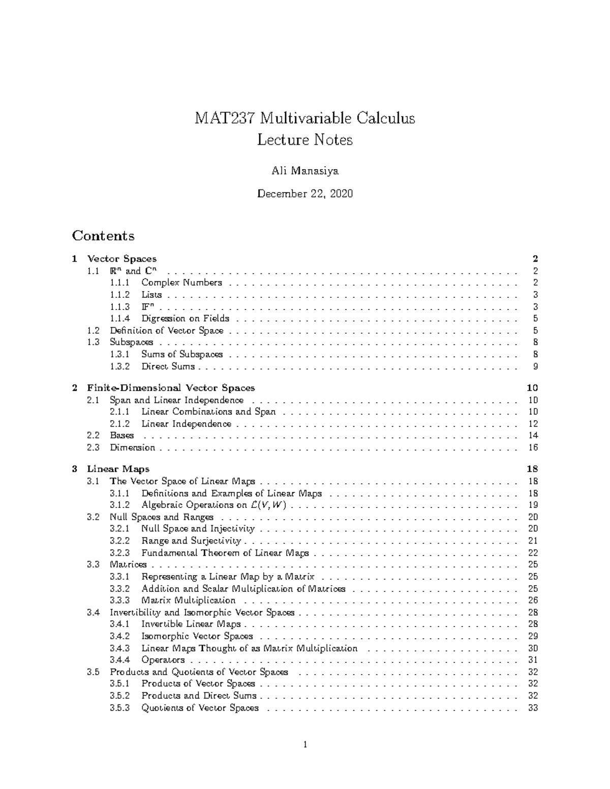 MAT224 Notes from student - MAT237 Multivariable Calculus Lecture Notes ...