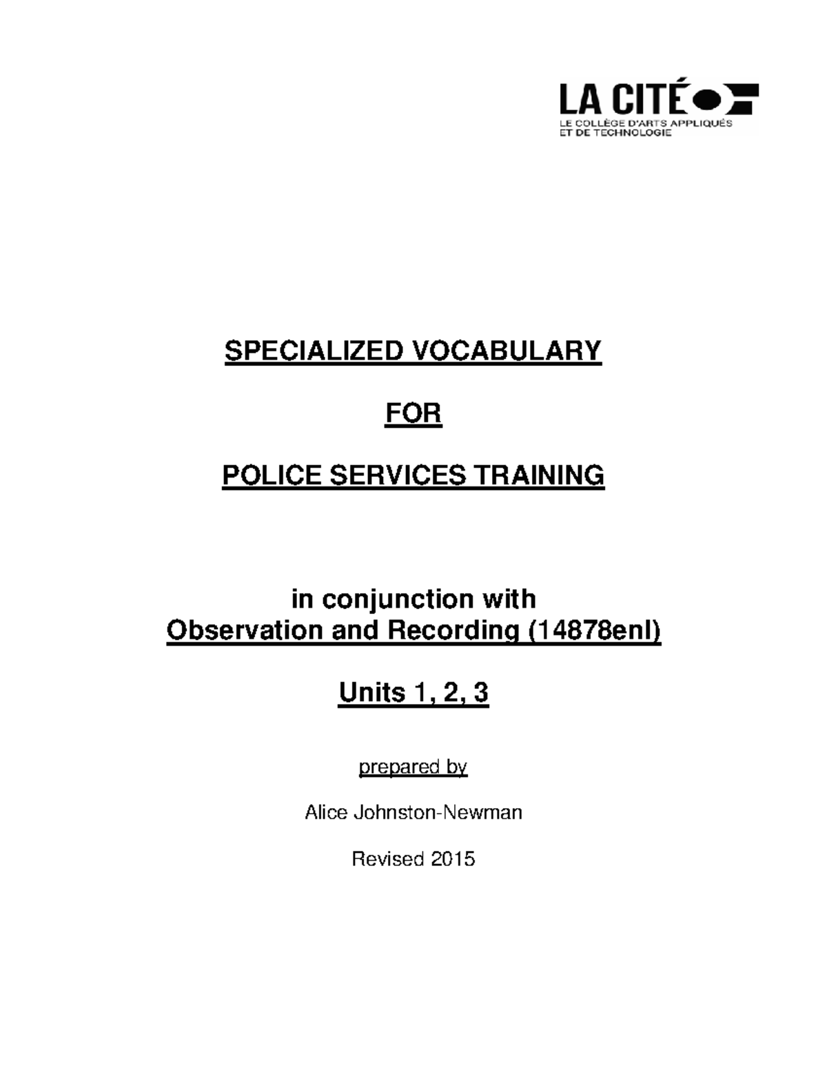 Obrec TSP Specialized Vocabulary Booklet SPECIALIZED VOCABULARY FOR