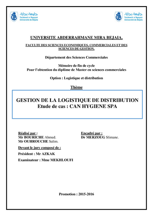 Gestion De La Logistique De Distribution Universite Abderrahmane Mira Bejaia Faculte Des Sciences Studocu