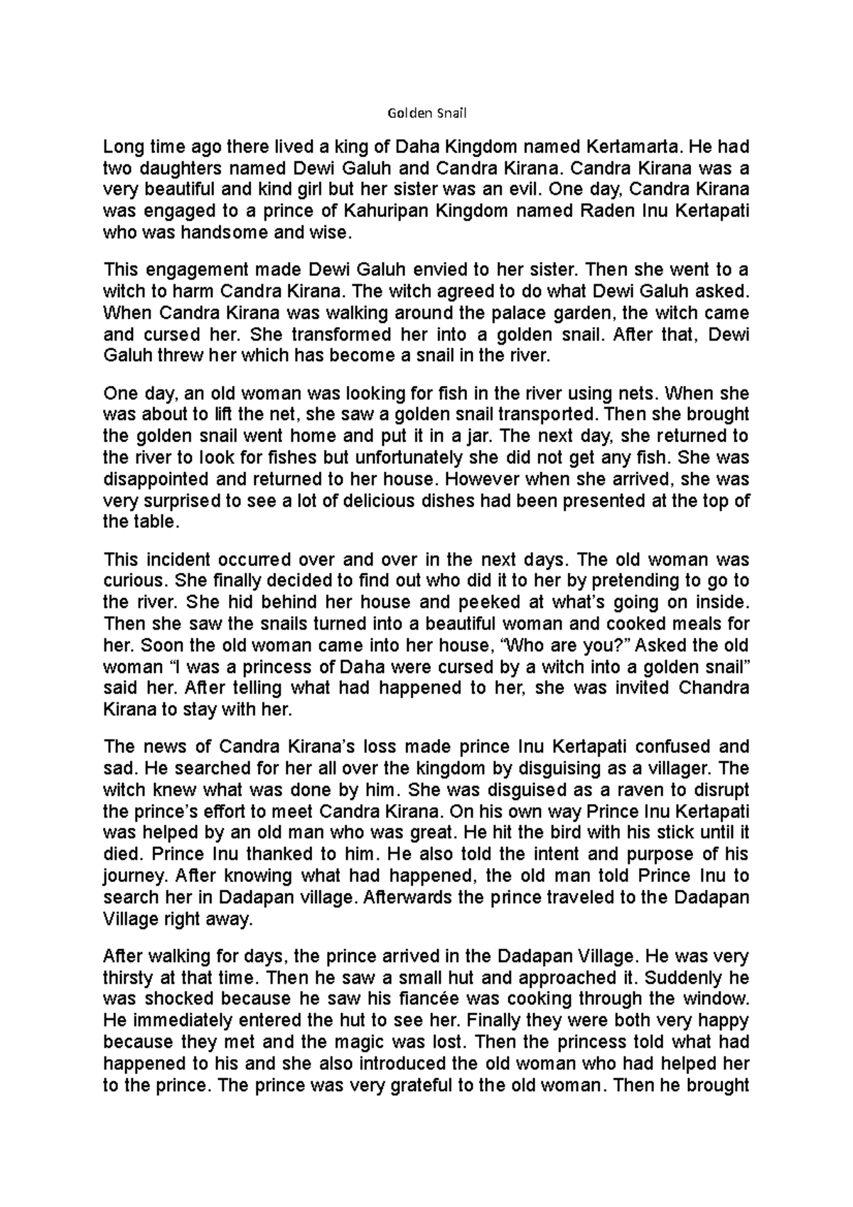 Golden Snail Script - Golden Snail Long time ago there lived a king of ...