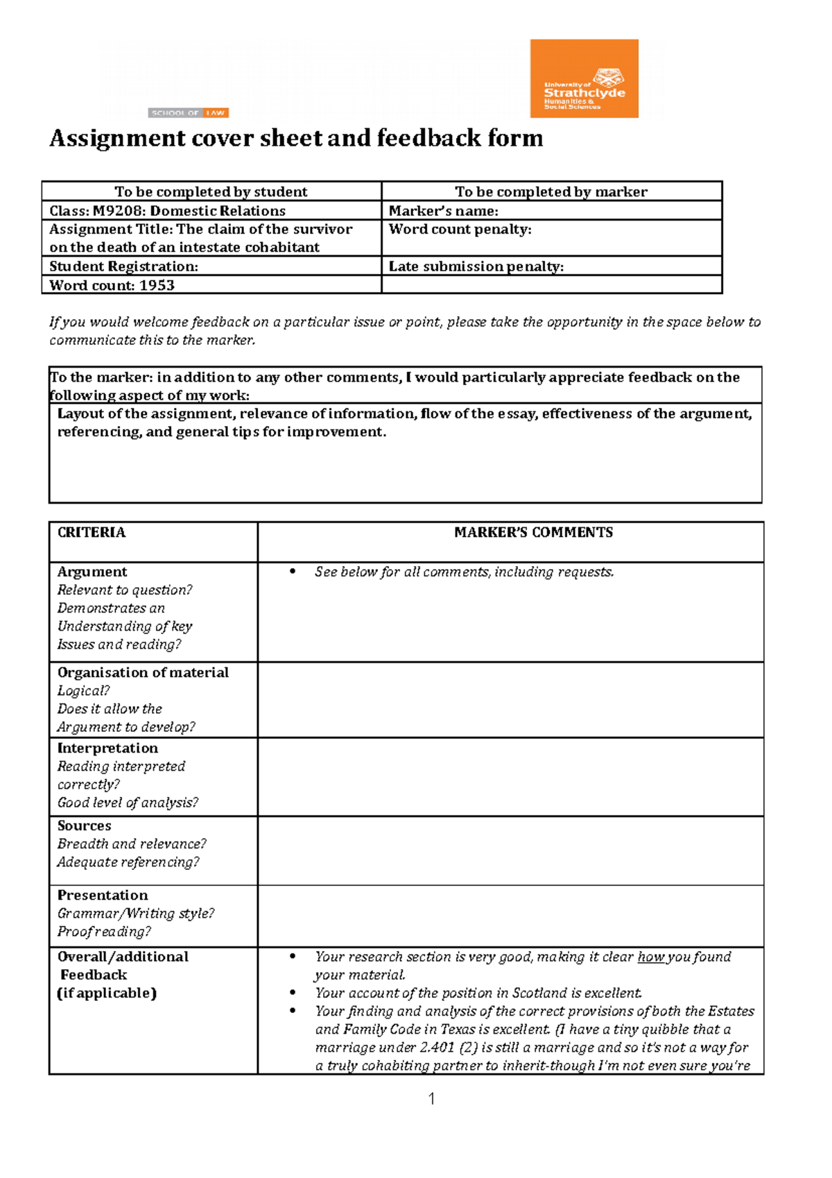 Assignment model essay - Assignment cover sheet and feedback form To be ...