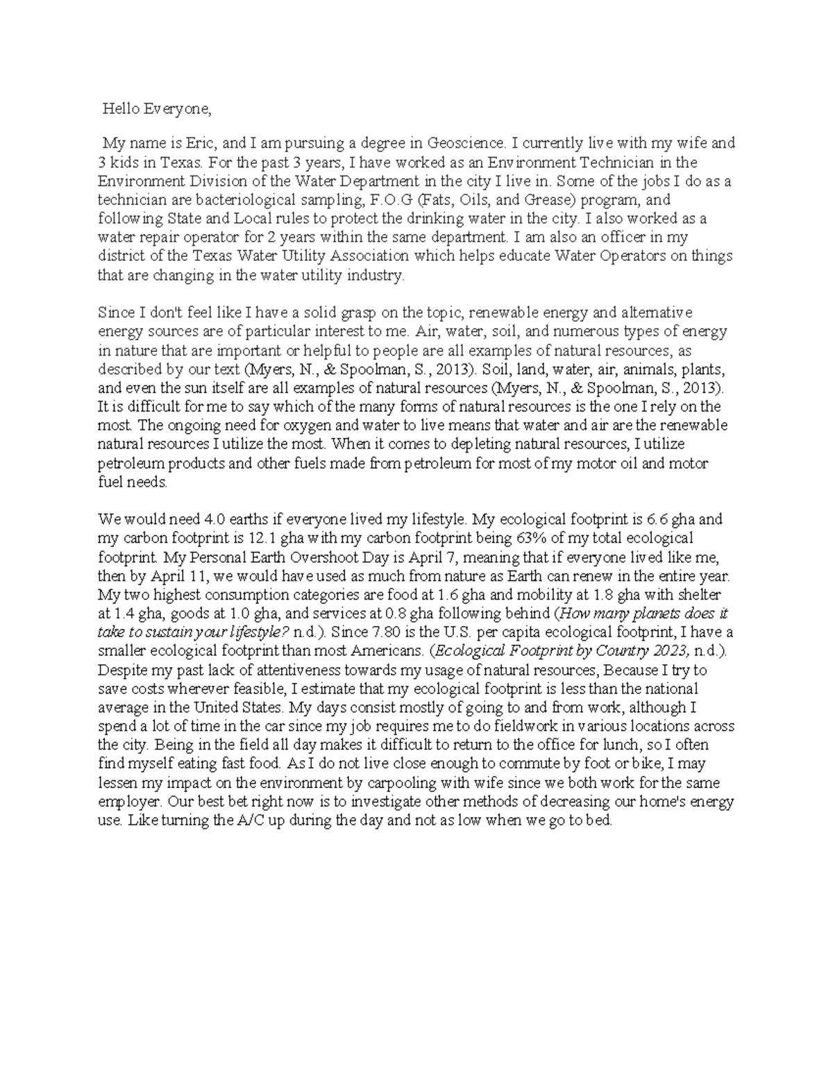 1-1 SCI-218 - Personal Ecological Footprint Reflection - Hello Everyone ...