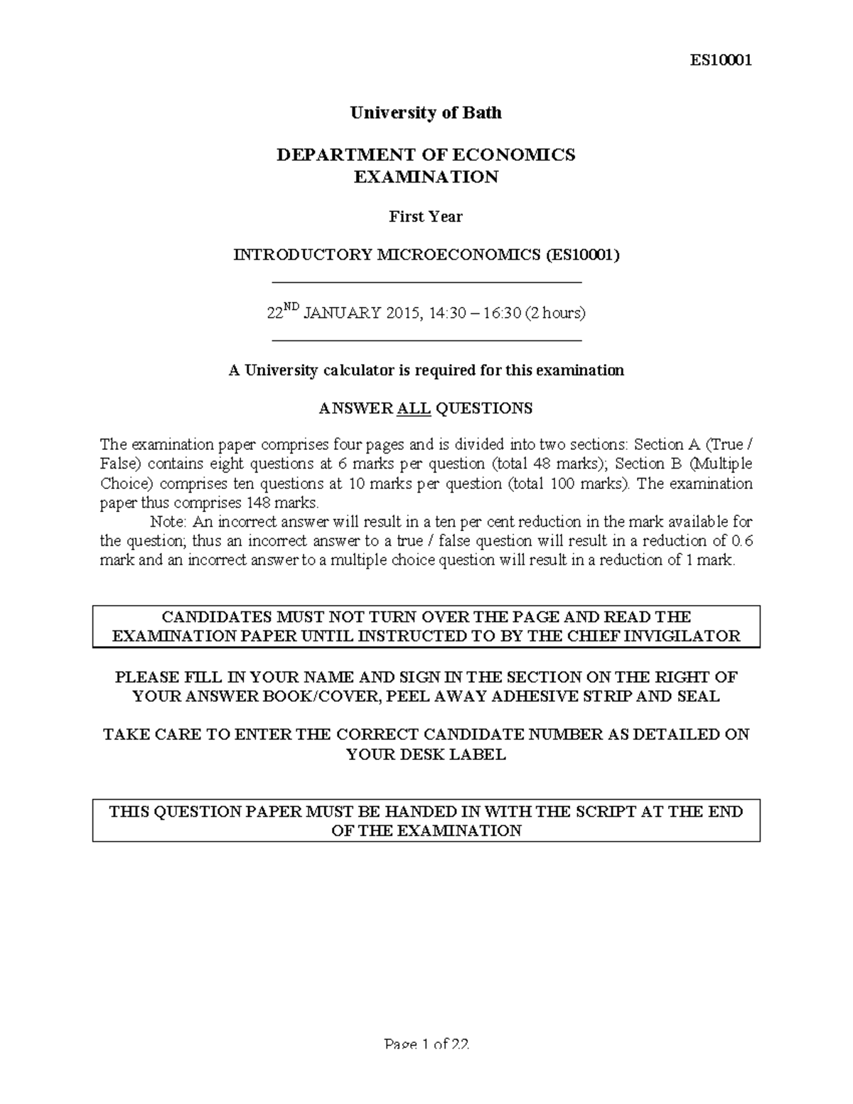 Exam 2015, questions and answers University of Bath DEPARTMENT OF