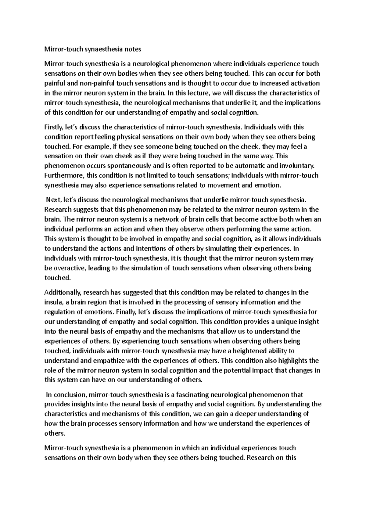 Mirrortouch synaesthesia notes Mirrortouch synaesthesia notes Mirrortouch synesthesia is a