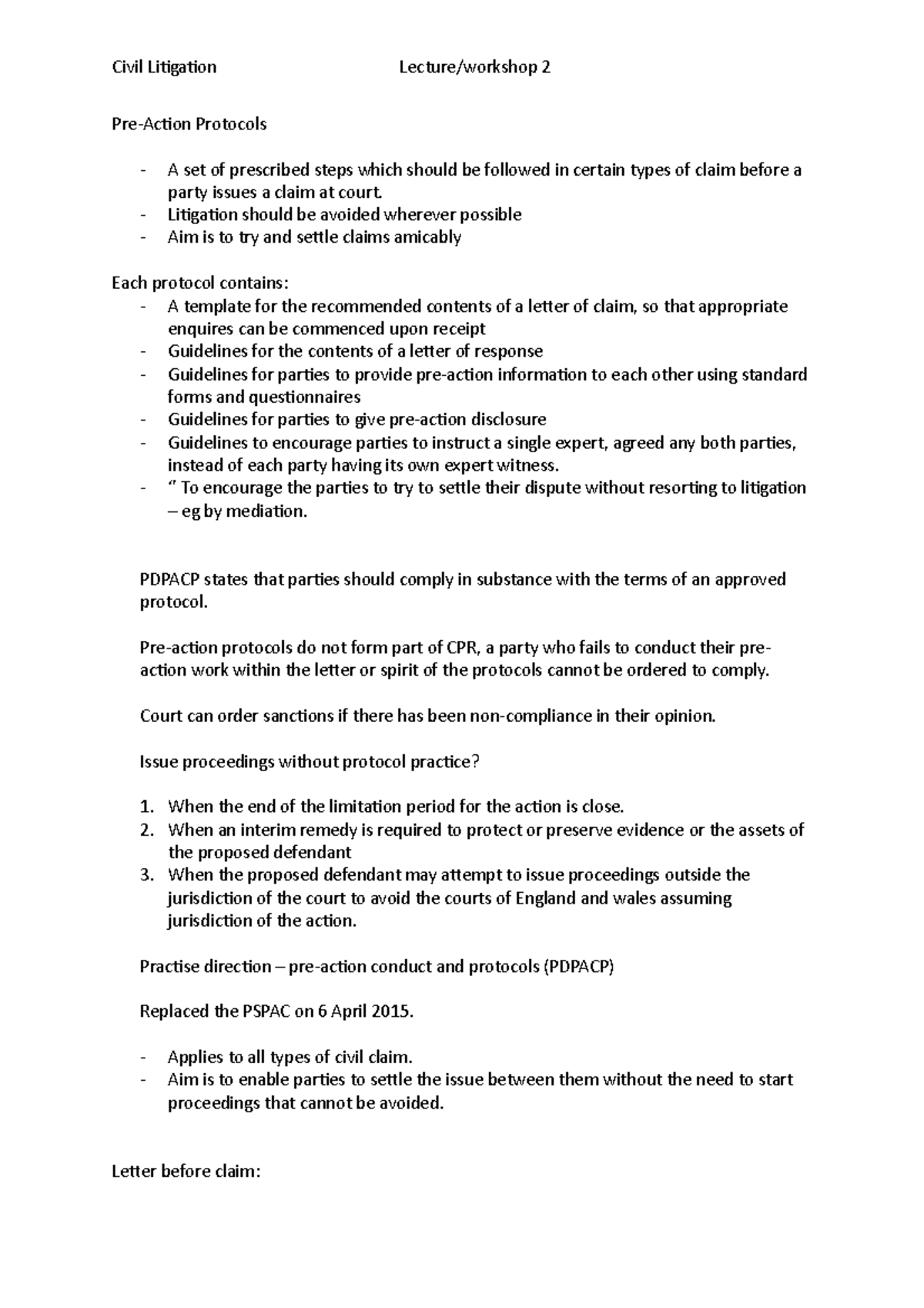 Civil Litigation W2 Notes on book - Civil Litigation Lecture/workshop 2 ...