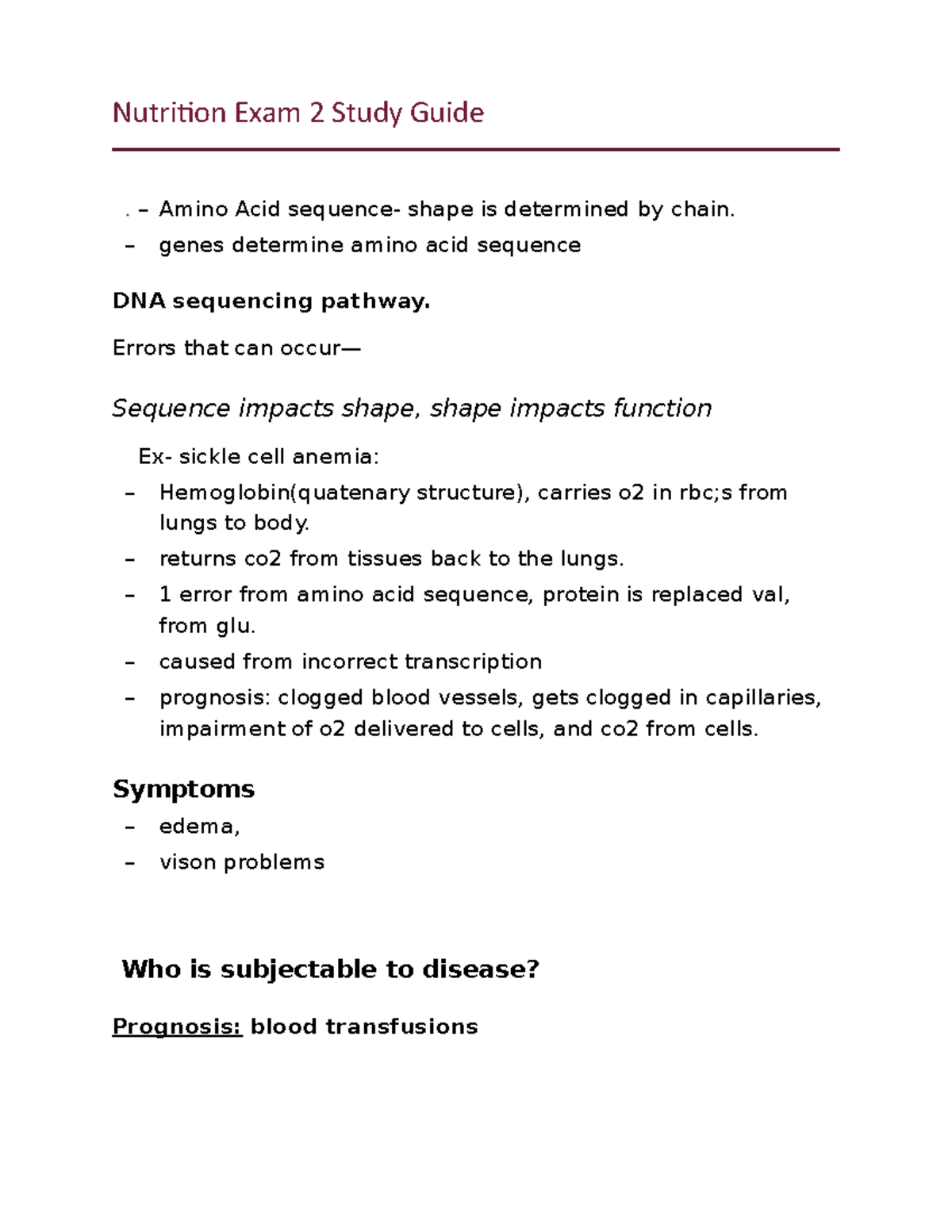 Amino Acid sequence - Nutrition Exam 2 Study Guide . Amino Acid shape ...