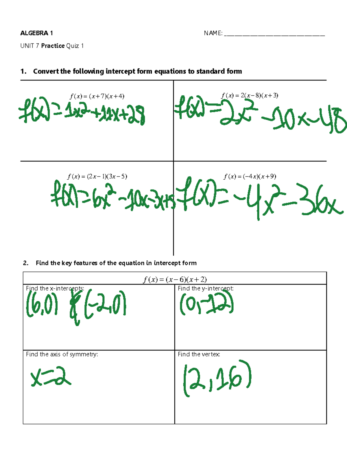 Unit 7 Practice Quiz 1 Algebra 1 Name Unit 7 Practice Quiz 1 Algebra 1 Name