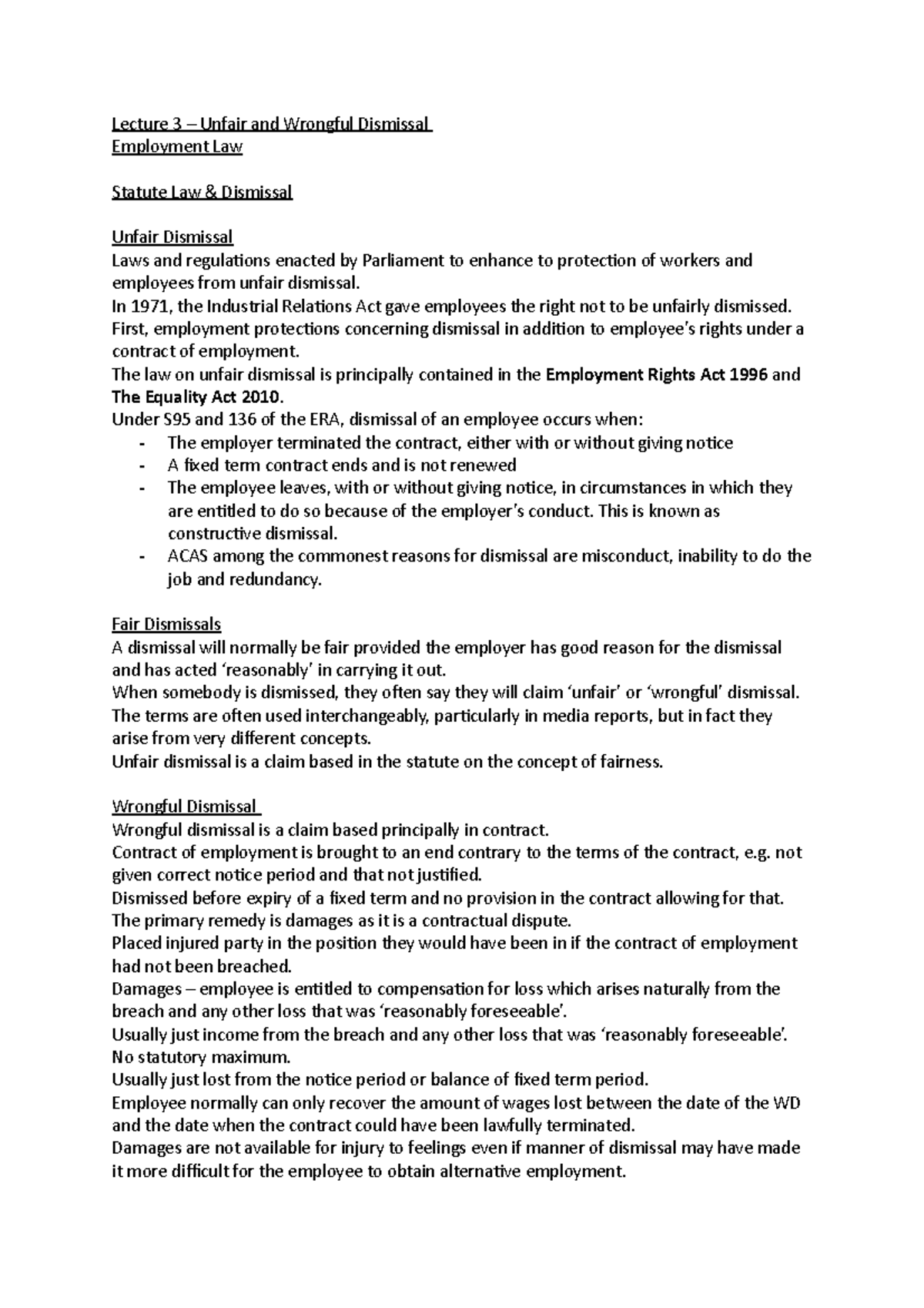 Lecture 3 - Unfair and Wrongful Dismissal - Lecture 3 – Unfair and ...