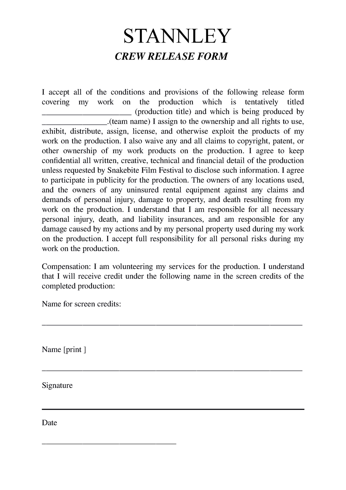 Crew Release Form Template CREW RELEASE FORM I Accept All Of The 