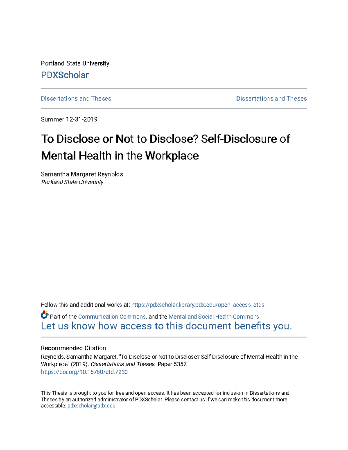 To Disclose or Not to Disclose? Self-Disclosure of Mental Health in the ...