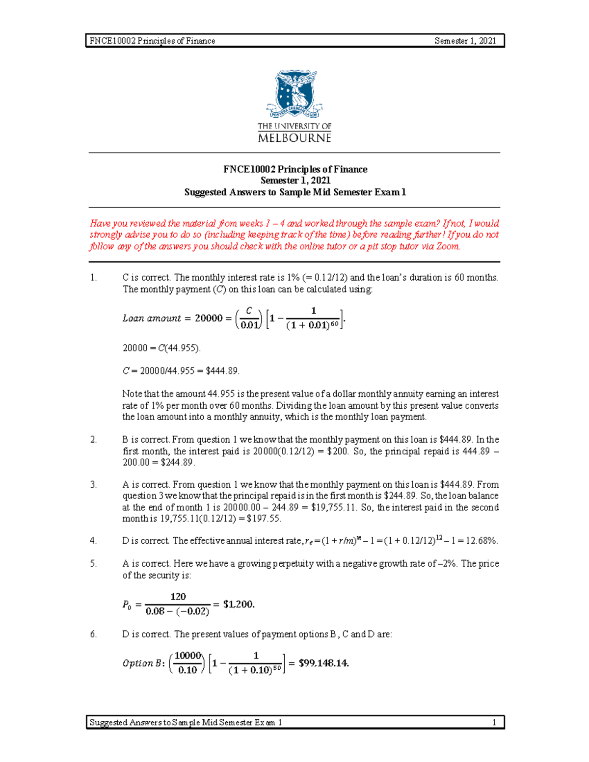 Sample Mid Sem 1 Answer 2021 - FNCE10002 Principles of Finance Semester ...