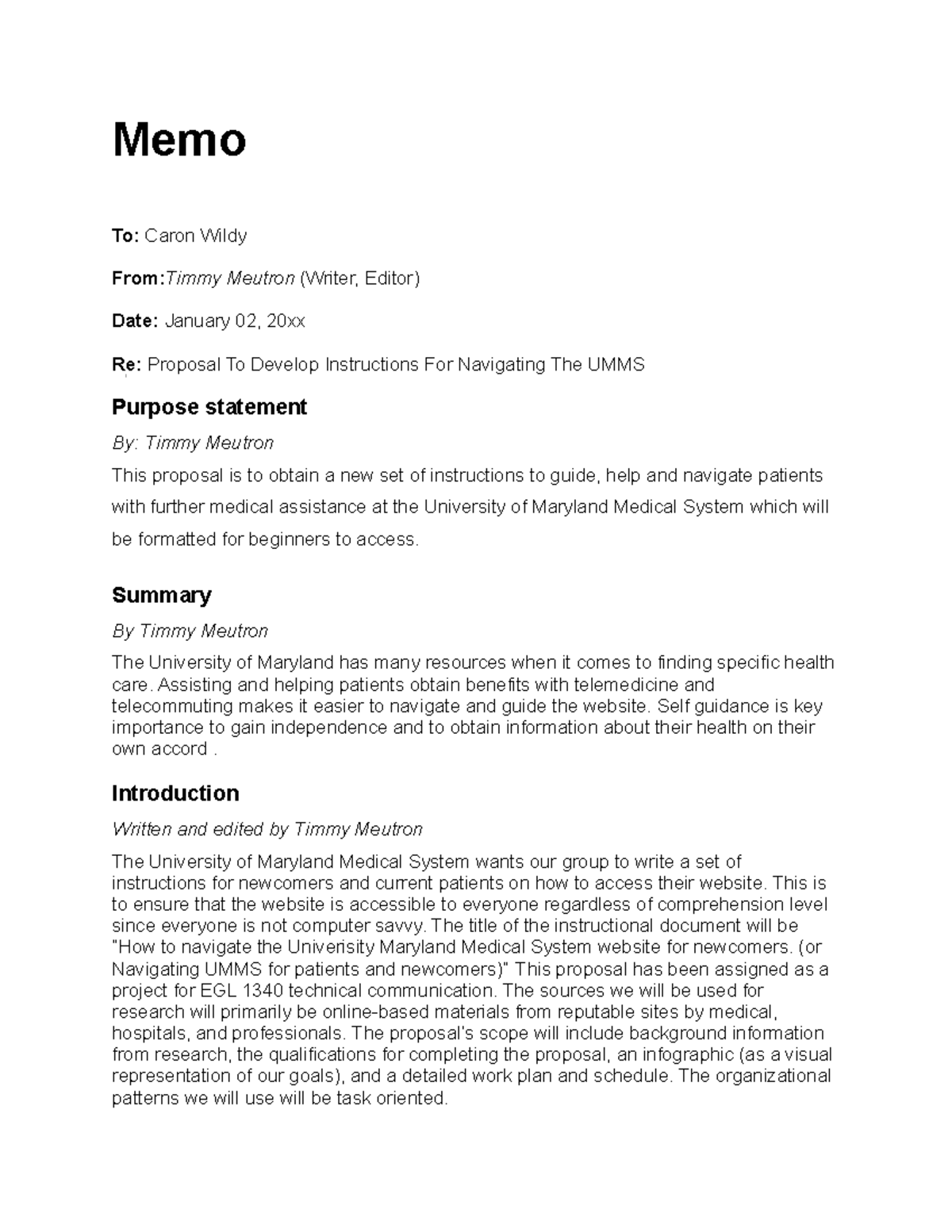 Proposal Memo Navigating UMMS website - Memo To: Caron Wildy From:Timmy ...