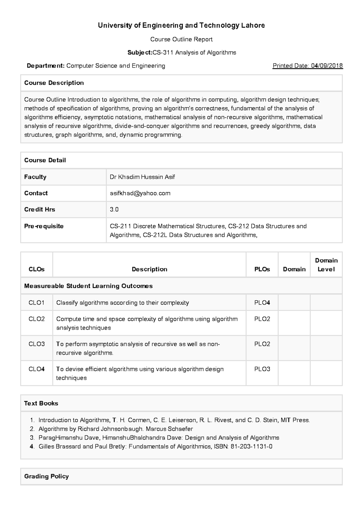 Course Outline Introduction to algorithms, the role of algorithms in ...