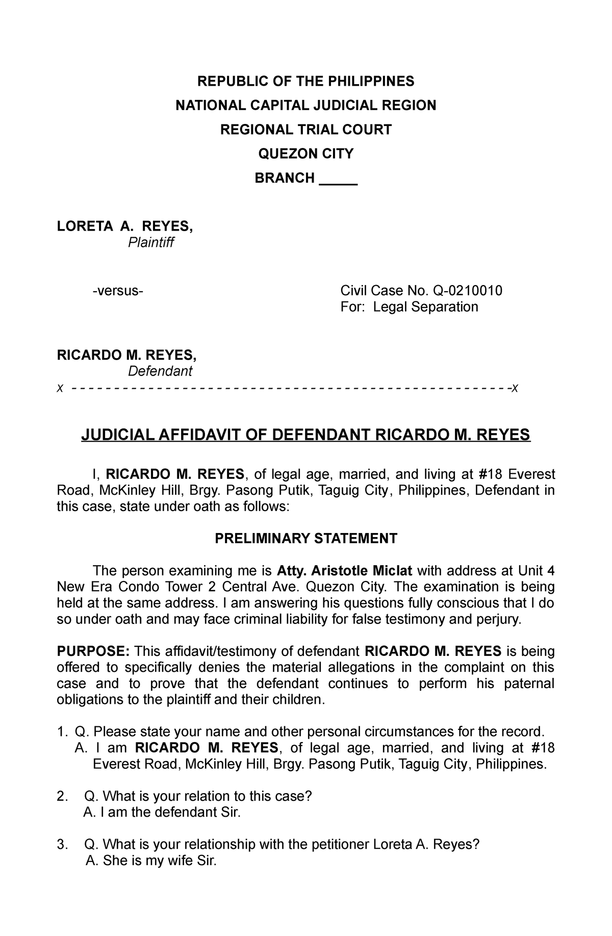 Judicial Affidavit Of Defendant And His Witnesses Compress Republic Of The Philippines 6496