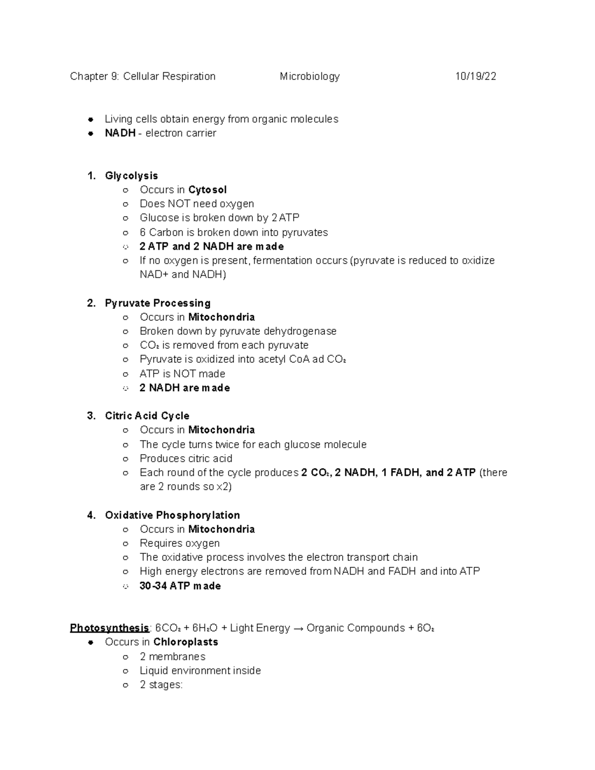 BIO Chapter 9 Cellular Respiration - Glycolysis Occurs in Cytosol Does ...