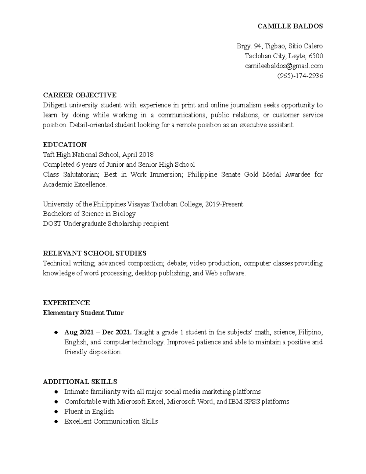 Resume.doc - need information - CAMILLE BALDOS Brgy. 94, Tigbao, Sitio ...