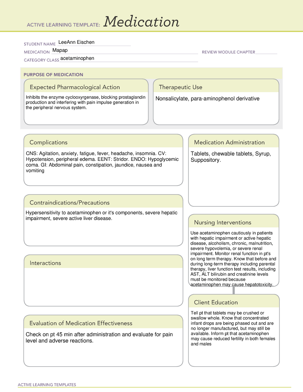 Acetaminophen Medication Template ACTIVE LEARNING TEMPLATES