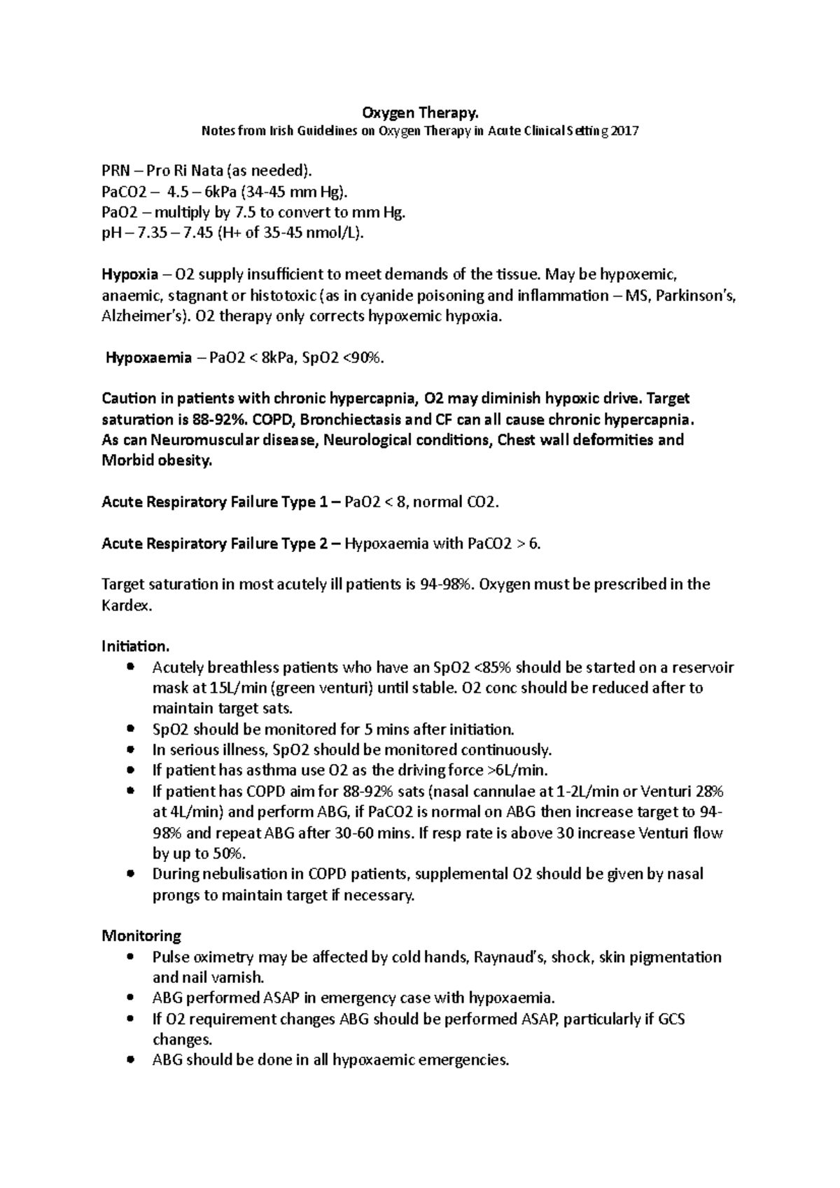 Oxygen Therapy Notes from Irish Guidelines on Oxygen Therapy in Acute