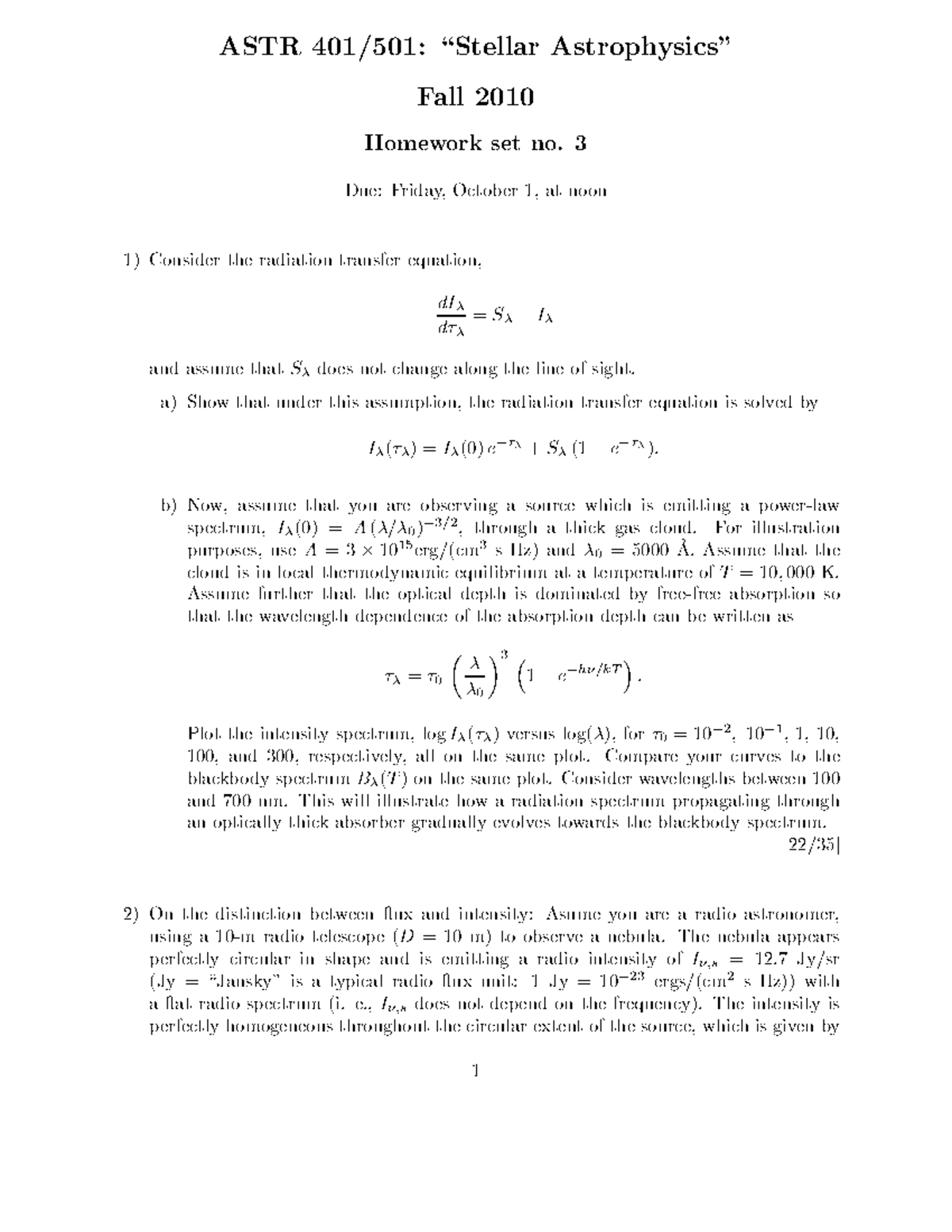 Homework 3 ASTR 401 501 fall 2010 - ASTR 401/501: \Stellar Astrophysi s ...