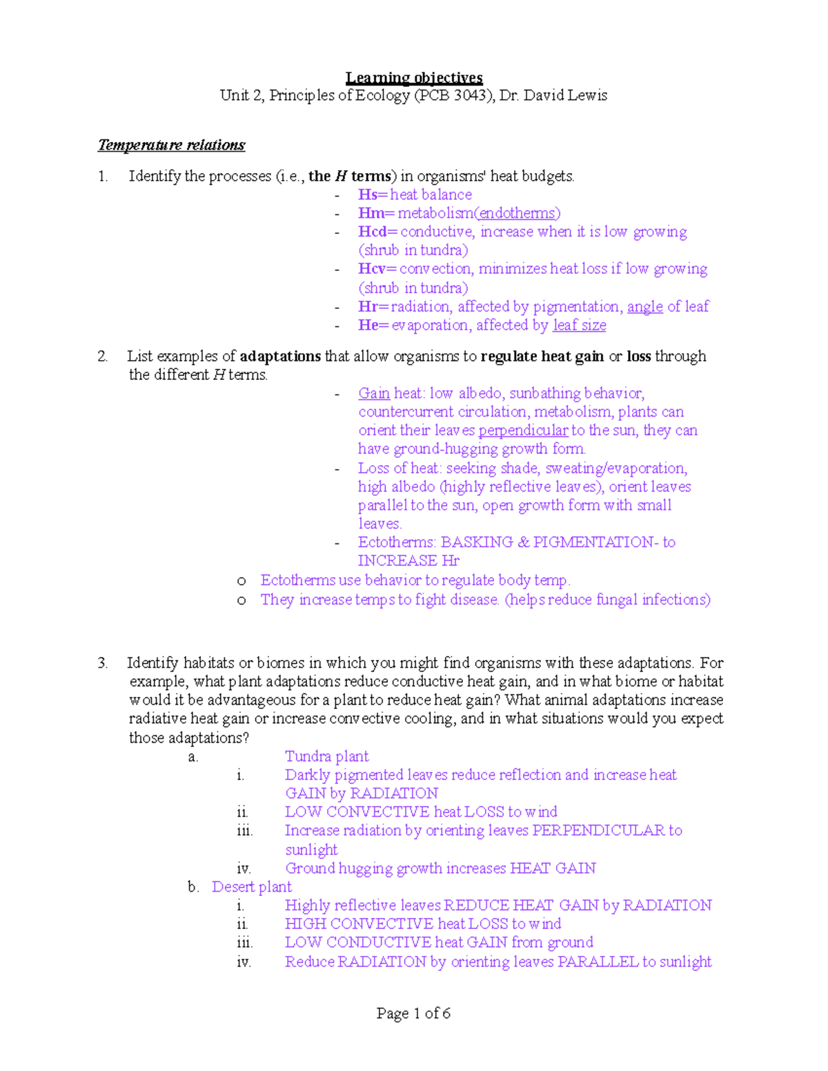 Exam 2 Ecology - Page 1 Of 6 Learning Objectives Unit 2, Principles Of ...