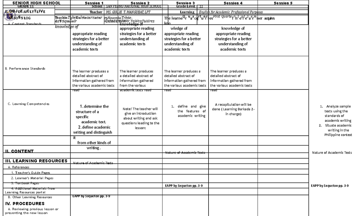 Toaz - dll - SENIOR HIGH SCHOOL GRADE 11 Session 1 Session 2 Session 3 ...