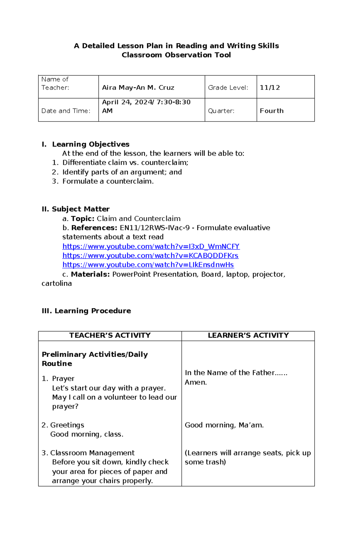 AIRA RWSDLP2024 A Detailed Lesson Plan in Reading and Writing