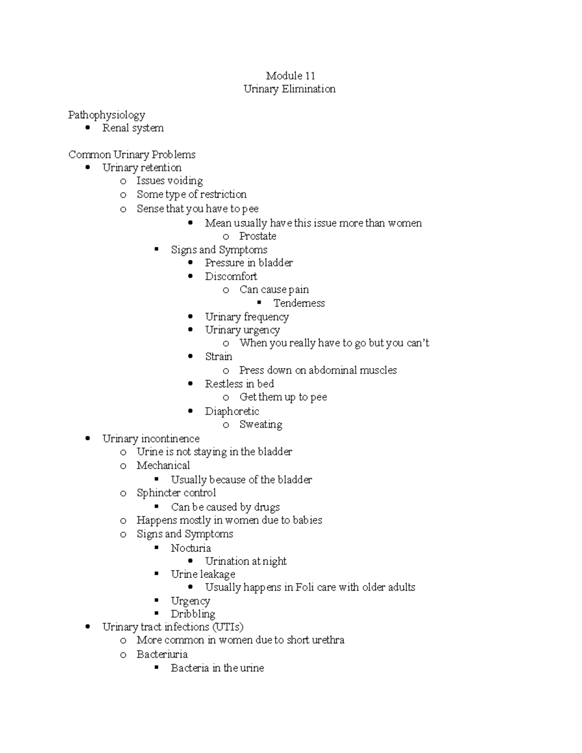 Nursing Notes for Urinary/Renal System - Module 11 Urinary Elimination ...