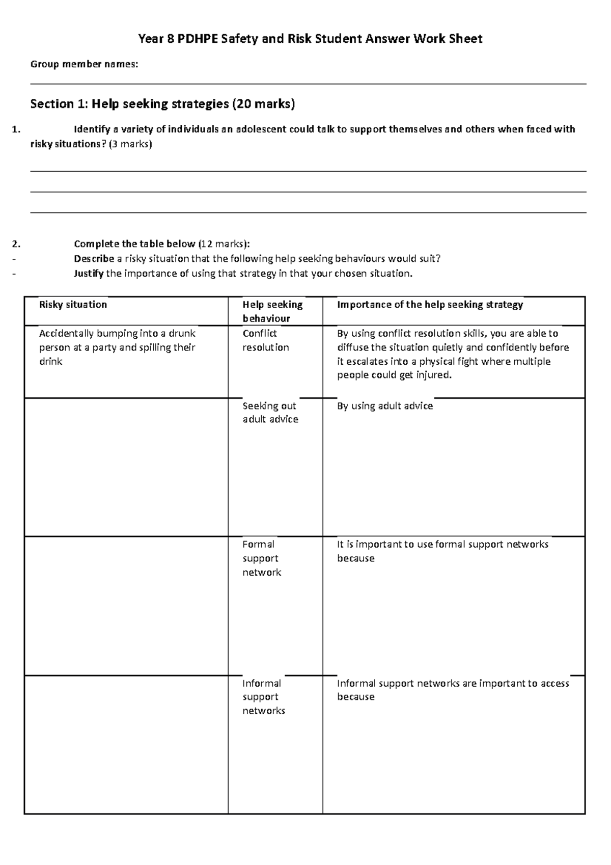 Faith Butler Year 8 Pdhpe Safety And Risk Student Answer Worksheet