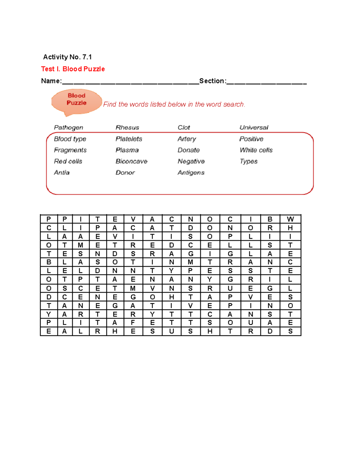 Activity No. 7.1 Blood - Activity No. 7. Test I. Blood Puzzle Name ...