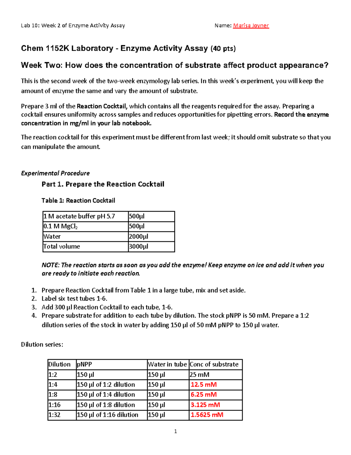 Lab 10 Enzymology week two Spring 2022 Chem 1152K Laboratory Enzyme